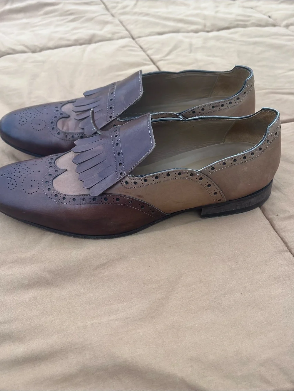 Paul Fredrick Two-Tone Brown and Tan Fringe Kiltie Tassel Loafers Size 8